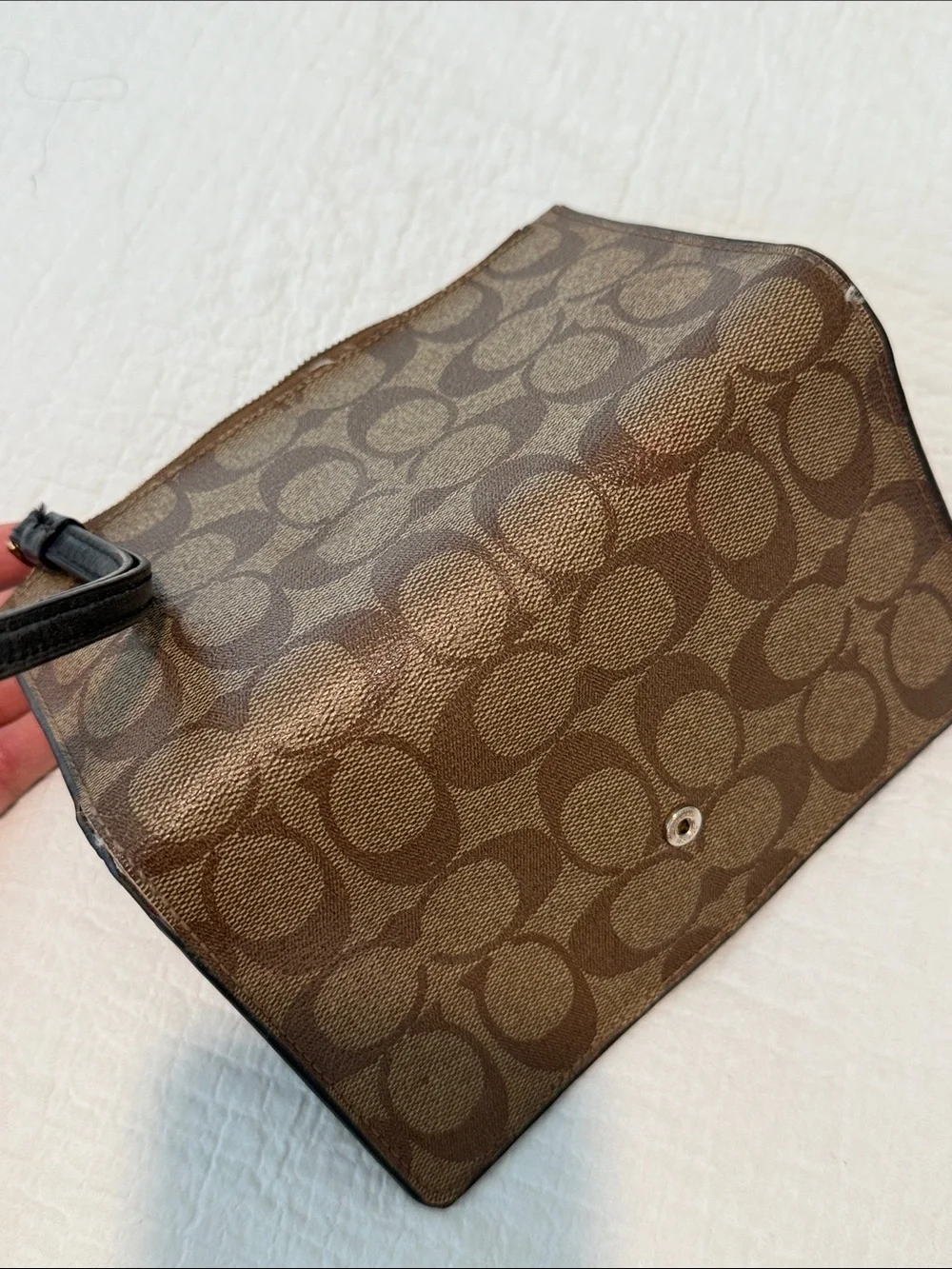 Coach Wallet - Brown Signature Canvas Wristlet with Black Trim